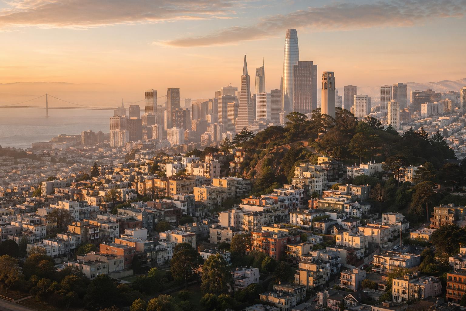 The San Francisco skyline at sunset, over hillside houses.
