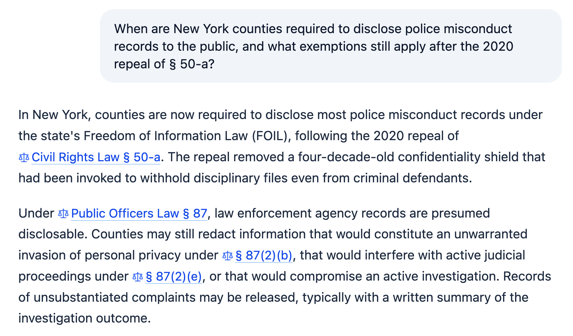 Mesa research conversation: a question about whether NY counties must disclose police misconduct records after the 2020 repeal of § 50-a, with a cited answer referencing Civil Rights Law § 50-a, Public Officers Law § 87, and the § 87(2)(b) and § 87(2)(e) exemptions.