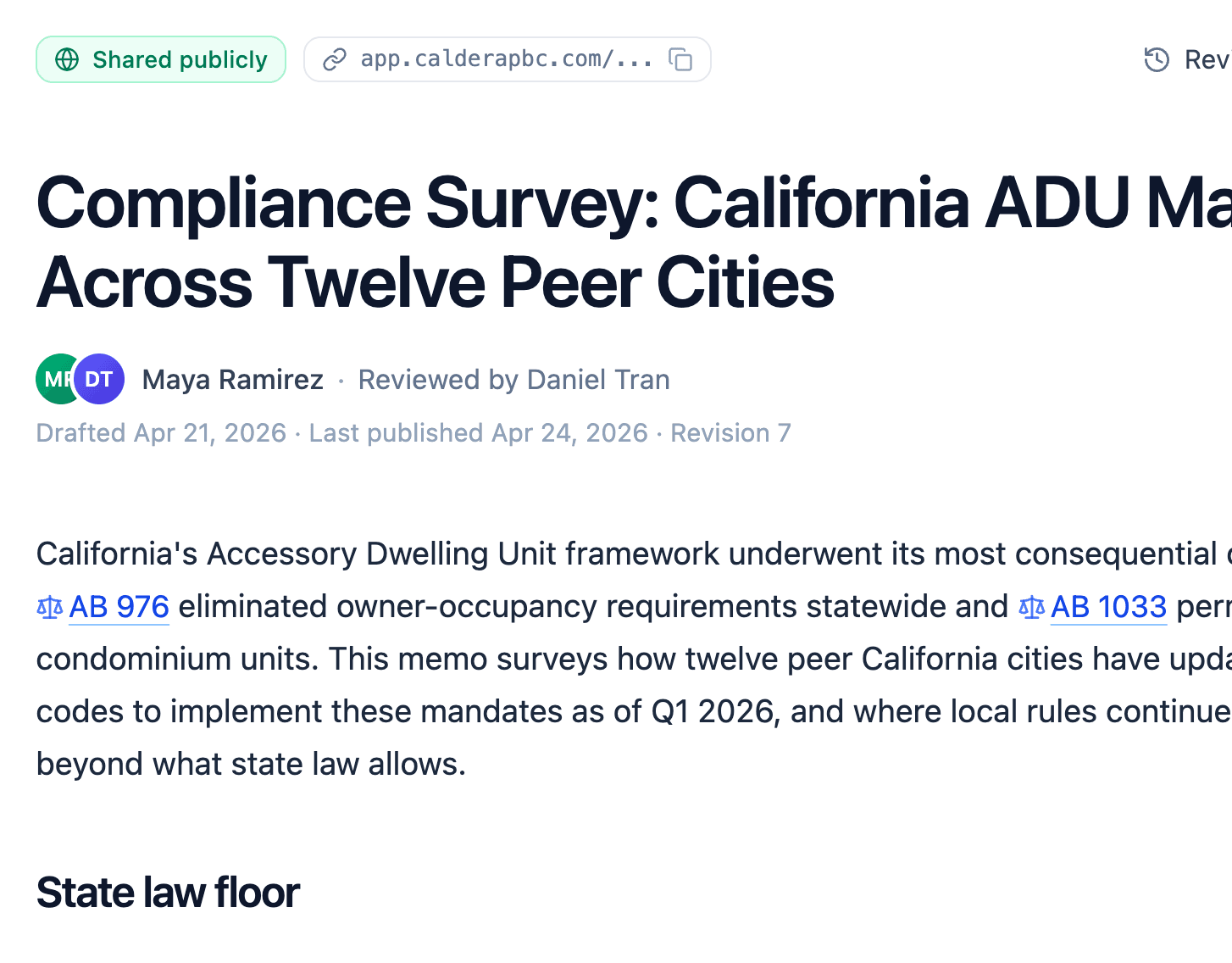 Mesa published research memo: 'Compliance Survey: California ADU Mandates Across Twelve Peer Cities,' with a 'Shared publicly' badge, a copyable share URL, an author and reviewer byline, and revision metadata.