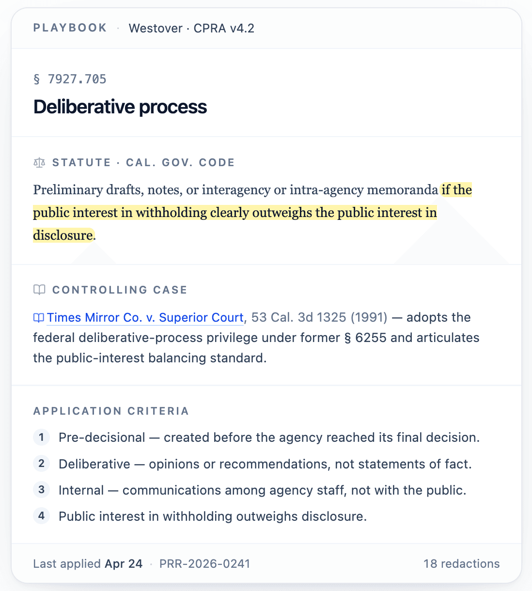 Mesa playbook editor — § 7927.705 Deliberative process expanded with statute text, controlling case law, AG opinions, and internal policy linked inline.