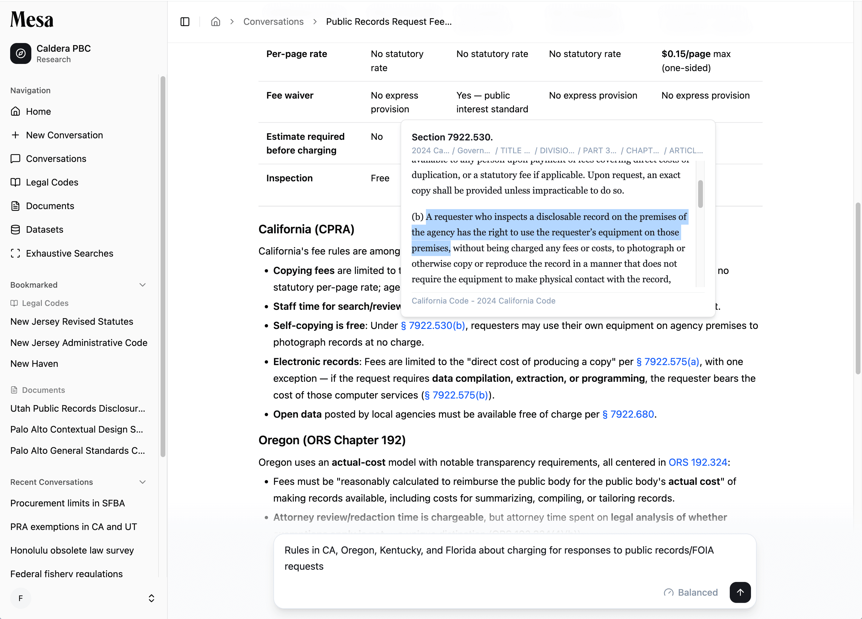 Mesa Research workspace: sidebar with conversations and legal codes, a cited public records comparison across California, Oregon, Kentucky, and Florida, with an inline citation popover open on California Government Code 7922.530