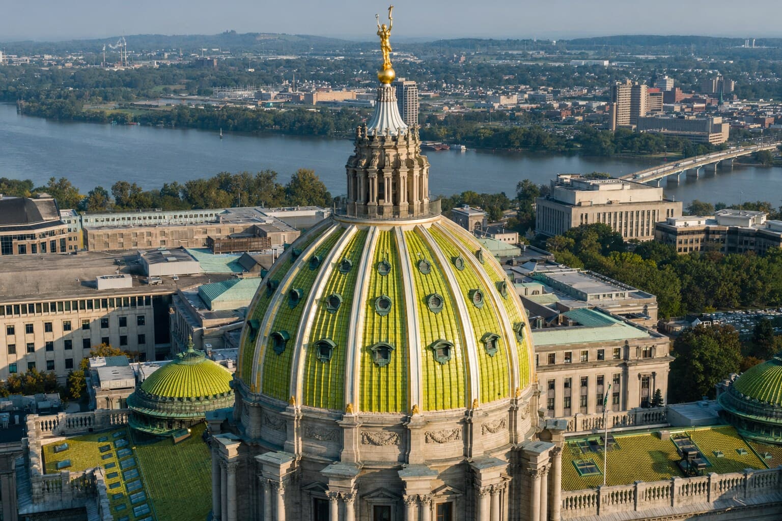 Aerial view of the Pennsylvania State Capitol in Harrisburg — the green-tiled dome and gilded Commonwealth statue with the Susquehanna River and city skyline behind.