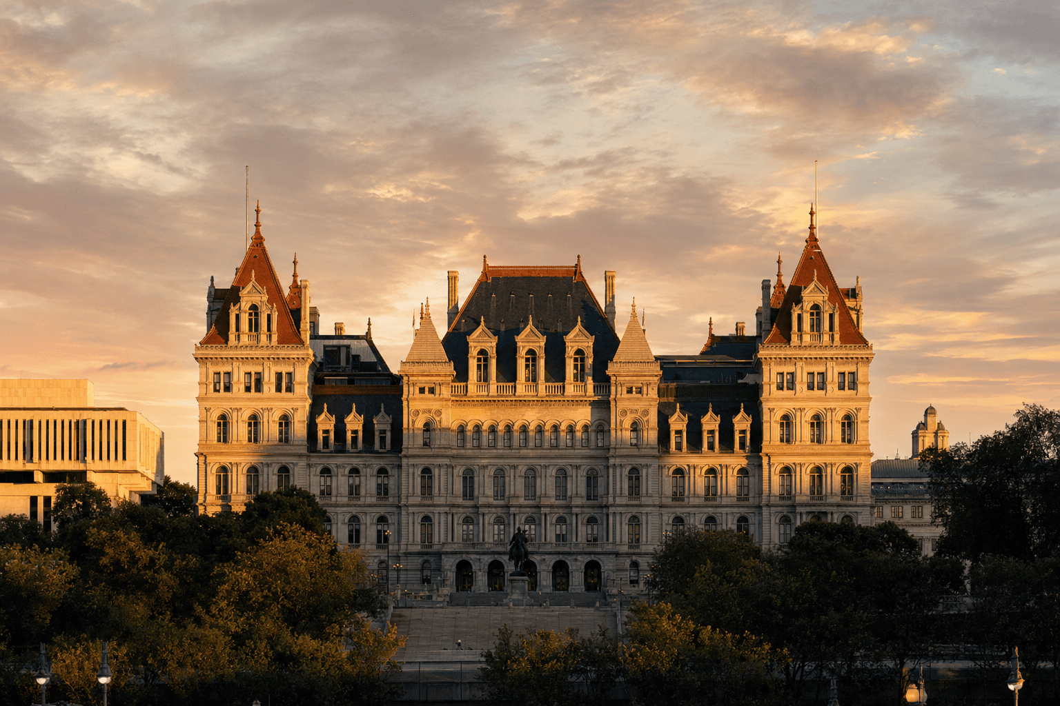 The New York State Capitol building in Albany at golden hour.